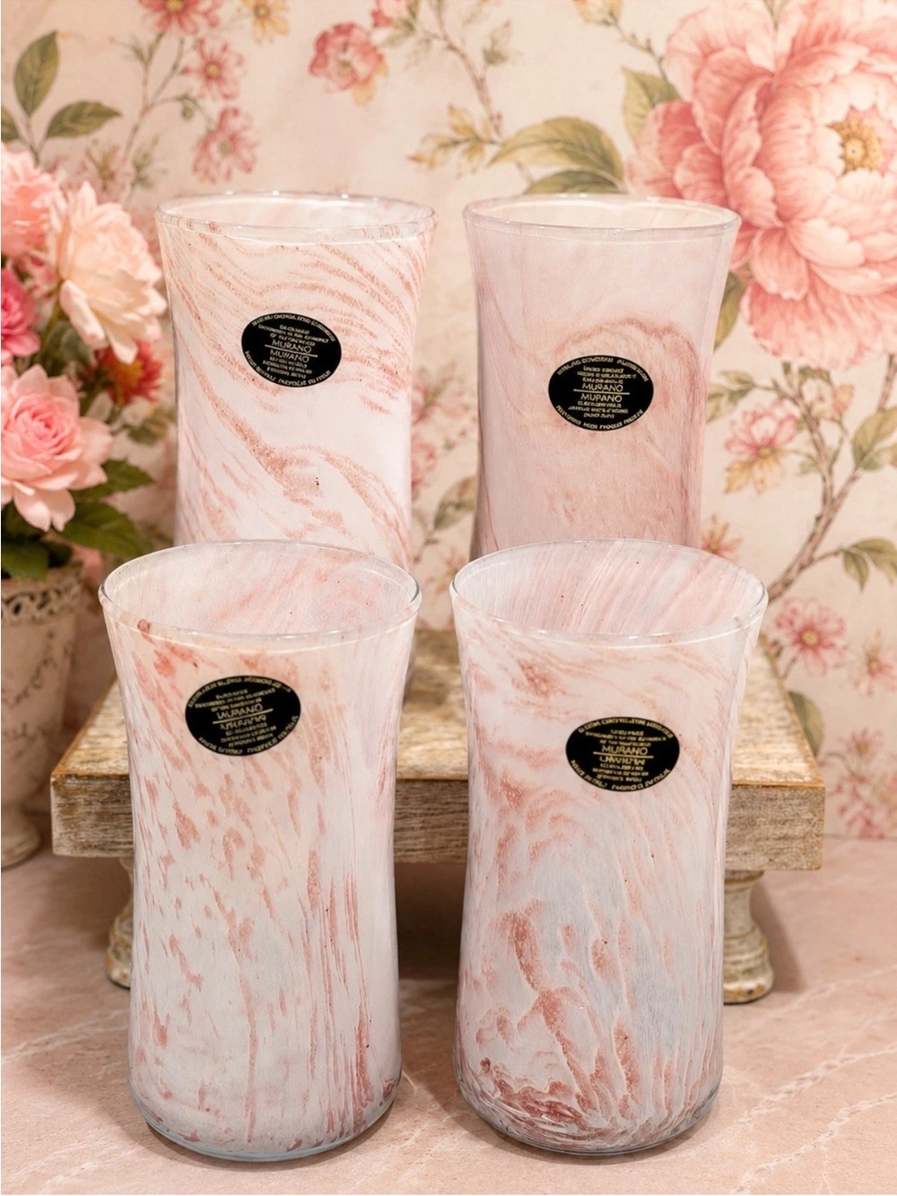 Murano Nuova Cristalleria Arzanese Pink Drinking Glasses 4 Made in Italy